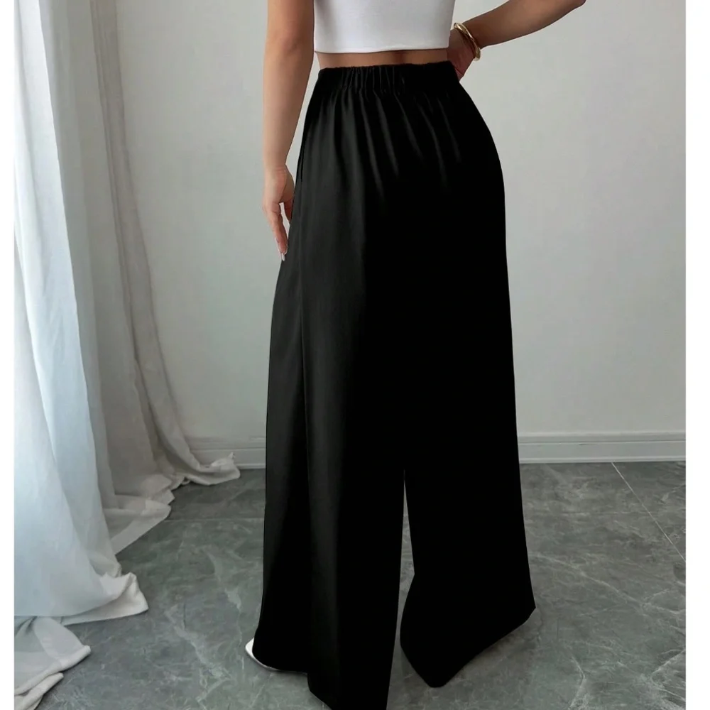 Classic Solid Stretchy Waist Pleated Pockets Wide leg Trouser Pants